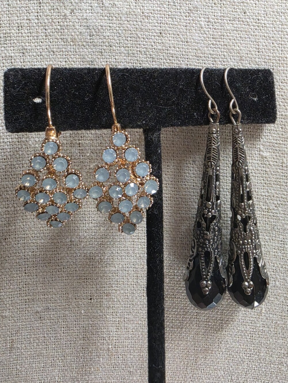 Teardrop Silvertone Filagree Black Acrylic & Blue Goldtone UV Reactive Earrings